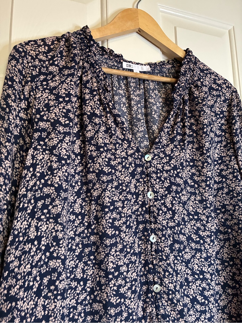 DR2 Navy Blue Floral Button-Front Blouse with Cream Print